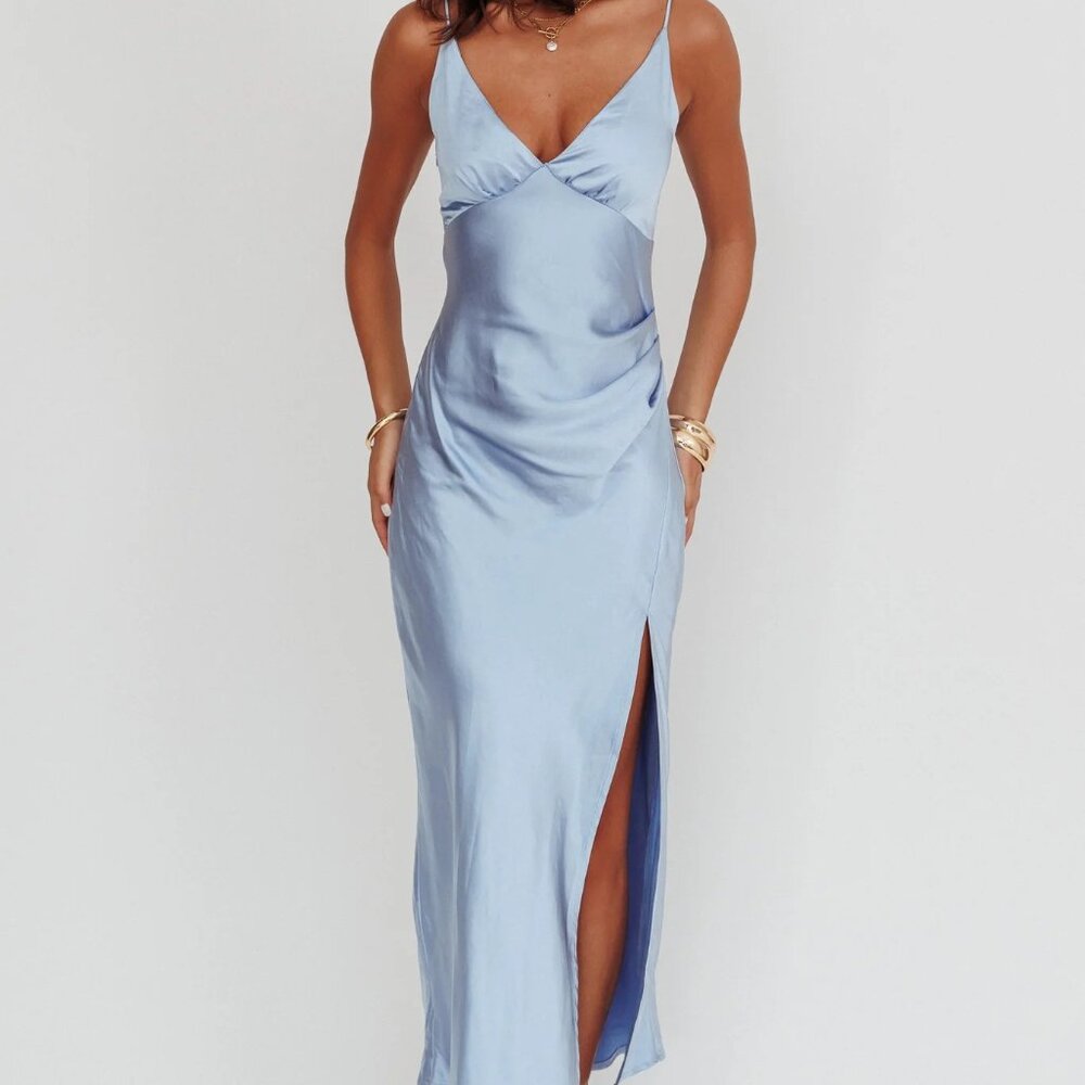 Selfieleslie Marlie Side Pleat Maxi Dress Blue NWT